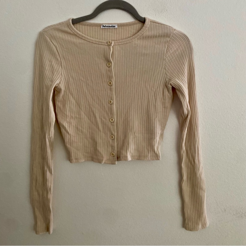 REFORMATION TAN RIBBED KNIT CROPPED LONG SLEEVE BUTTON DOWN TOP SIZE SMALL